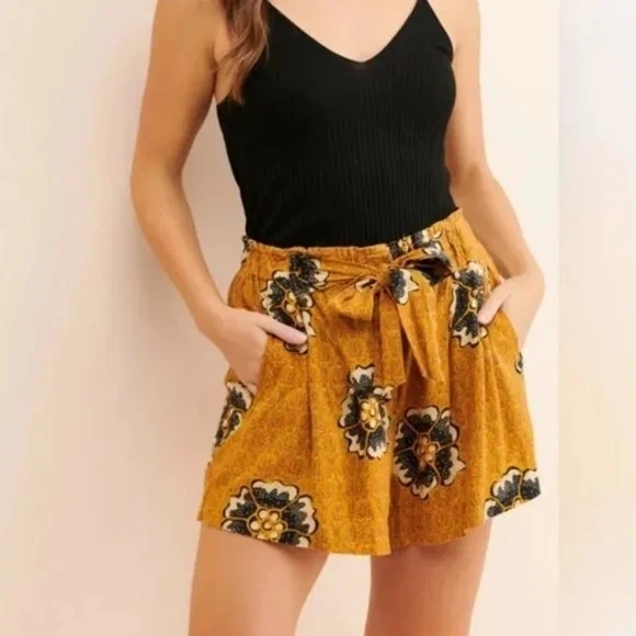 Anthropologie Pants - Anthropologie Kennedy Orange Floral Paper Bag Shorts Linen Blend Size L Boho